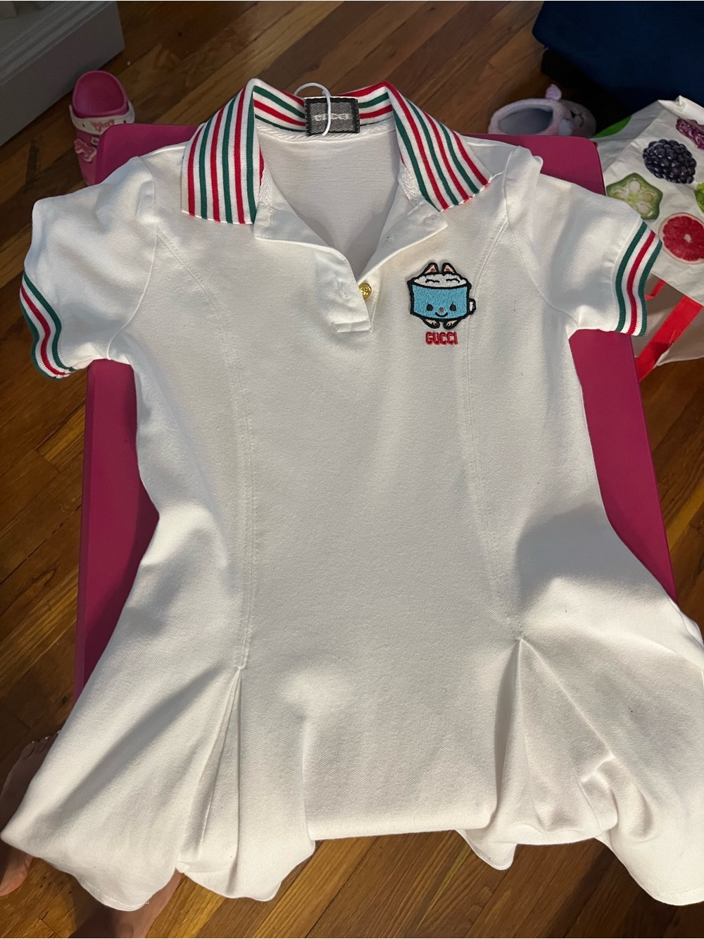 Gucci White Polo Dress with Red & Green Trim and Blue Embroidered Character